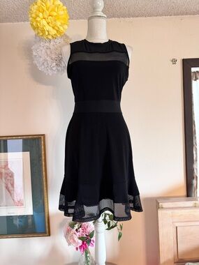 Michael Kors Sleeveless Black Mesh-Trim Fit & Flare Dress